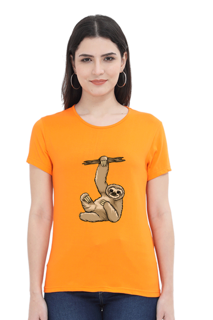 Women’s Round Neck Printed Sloth T-Shirts -  lazy baby sloth