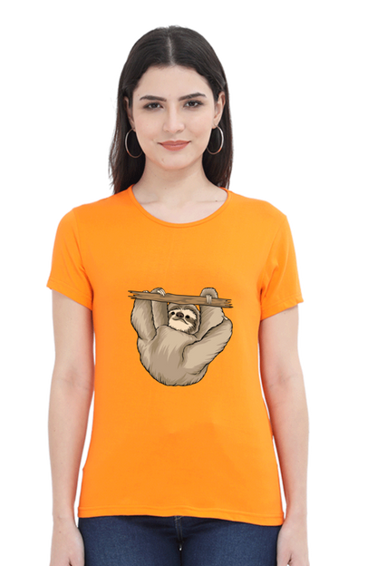 Women’s Round Neck Printed Sloth T-Shirts -  baby sloth playing