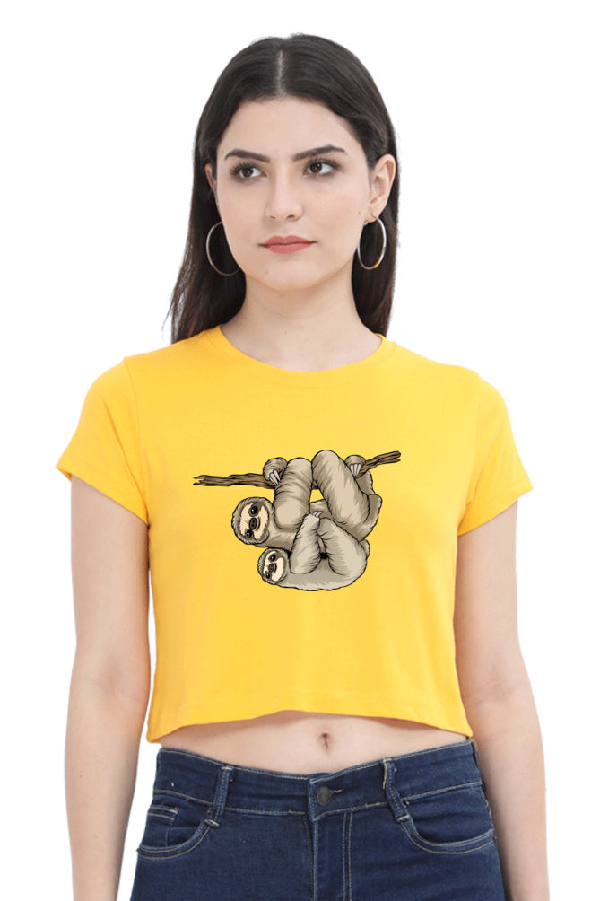 Women Sloth Crop Top - back smile hug