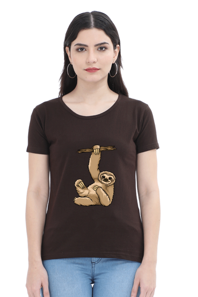 Women’s Round Neck Printed Sloth T-Shirts -  lazy baby sloth