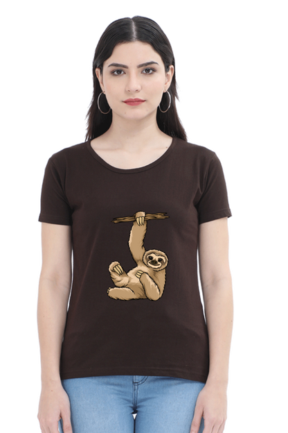 Women’s Round Neck Printed Sloth T-Shirts -  lazy baby sloth