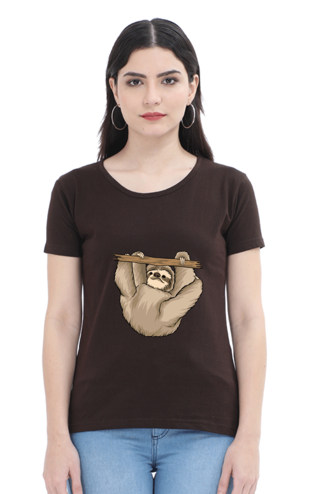 Women’s Round Neck Printed Sloth T-Shirts -  baby sloth playing