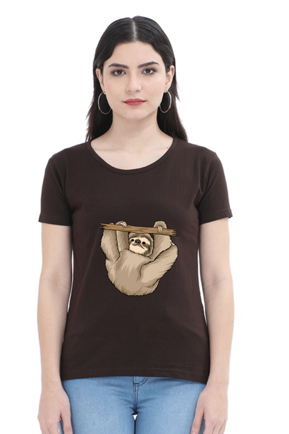 Women’s Round Neck Printed Sloth T-Shirts -  baby sloth playing