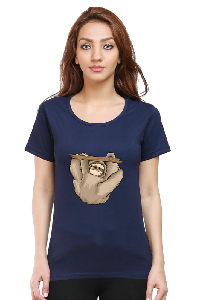 Women’s Round Neck Printed Sloth T-Shirts -  baby sloth playing