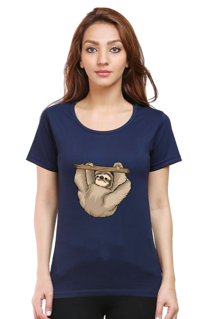 Women’s Round Neck Printed Sloth T-Shirts -  baby sloth playing