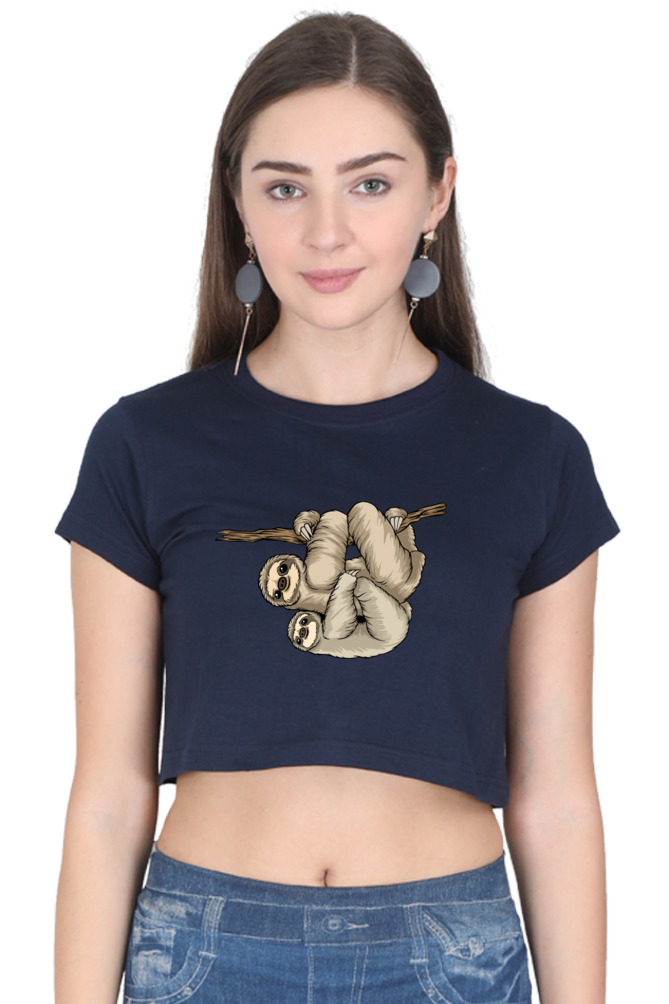 Women Sloth Crop Top - back smile hug