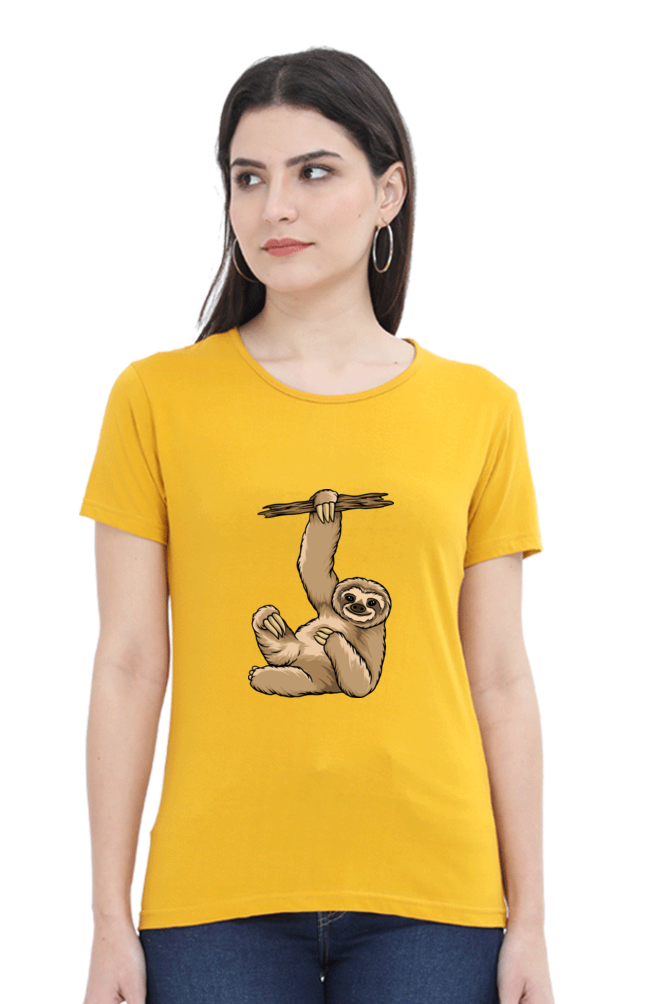 Women’s Round Neck Printed Sloth T-Shirts -  lazy baby sloth