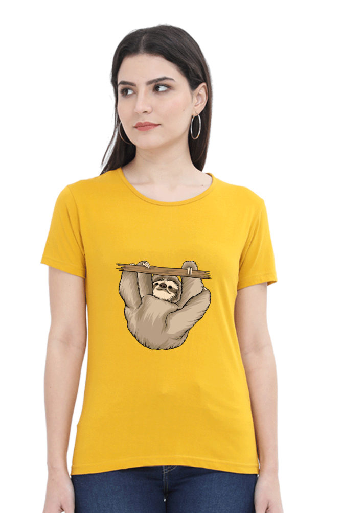 Women’s Round Neck Printed Sloth T-Shirts -  baby sloth playing