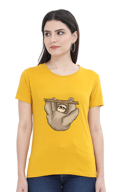 Women’s Round Neck Printed Sloth T-Shirts -  baby sloth playing