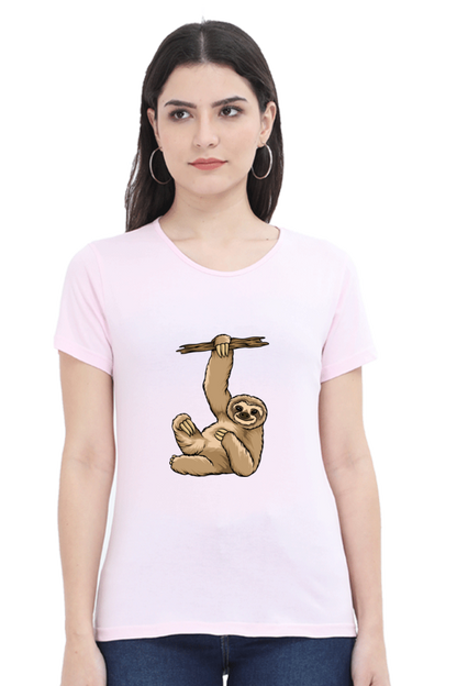 Women’s Round Neck Printed Sloth T-Shirts -  lazy baby sloth