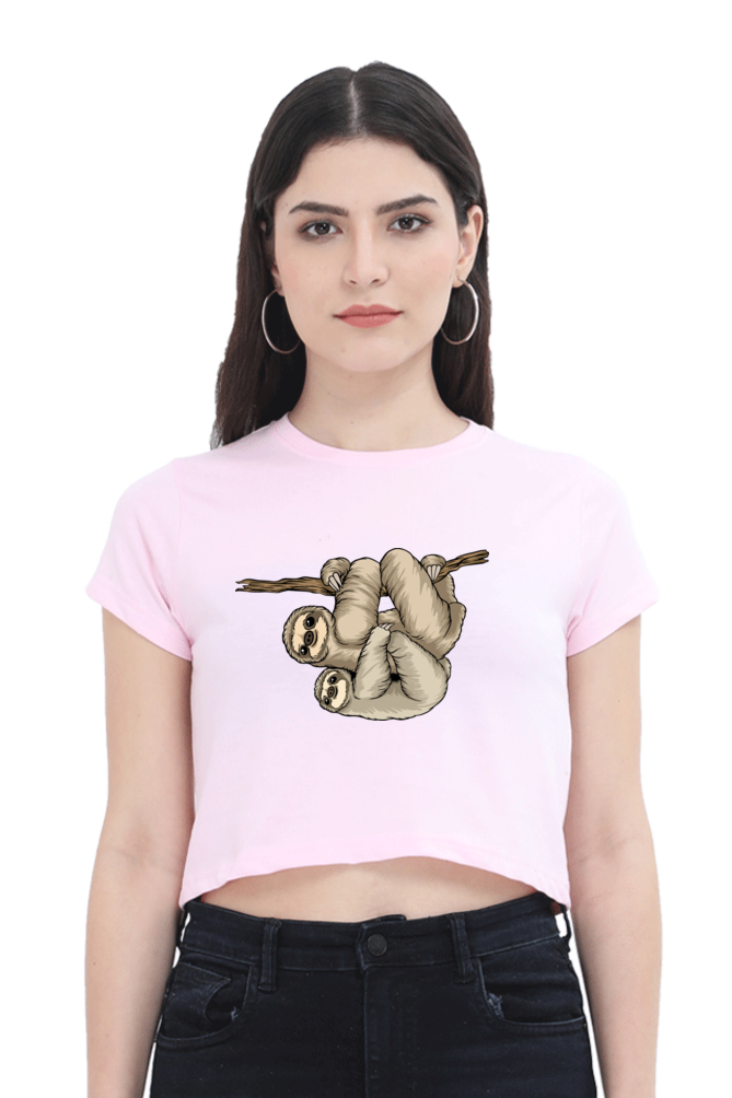 Women Sloth Crop Top - back smile hug