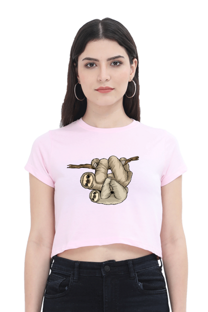 Women Sloth Crop Top - back smile hug