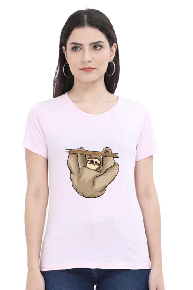 Women’s Round Neck Printed Sloth T-Shirts -  baby sloth playing