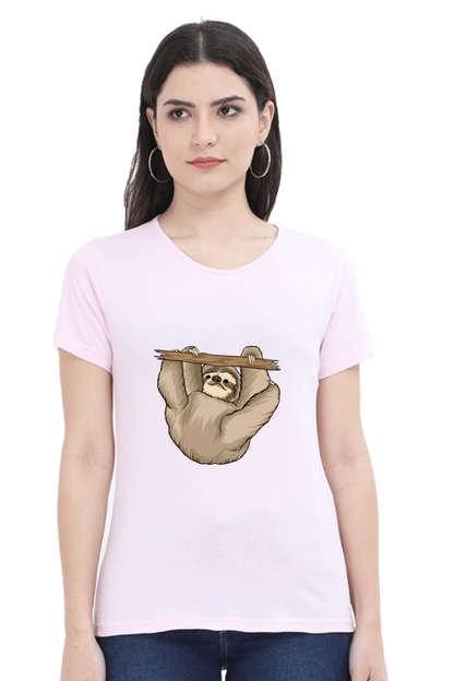 Women’s Round Neck Printed Sloth T-Shirts -  baby sloth playing