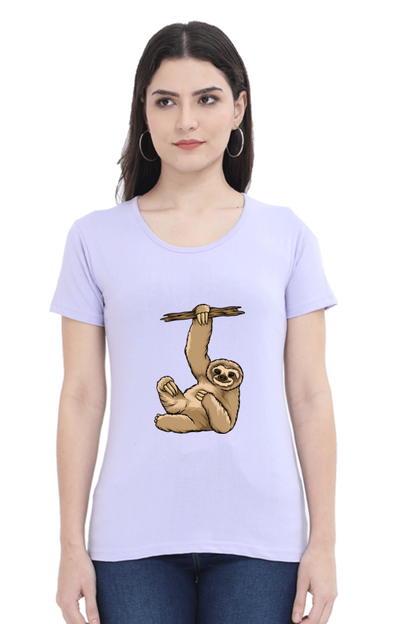Women’s Round Neck Printed Sloth T-Shirts -  lazy baby sloth