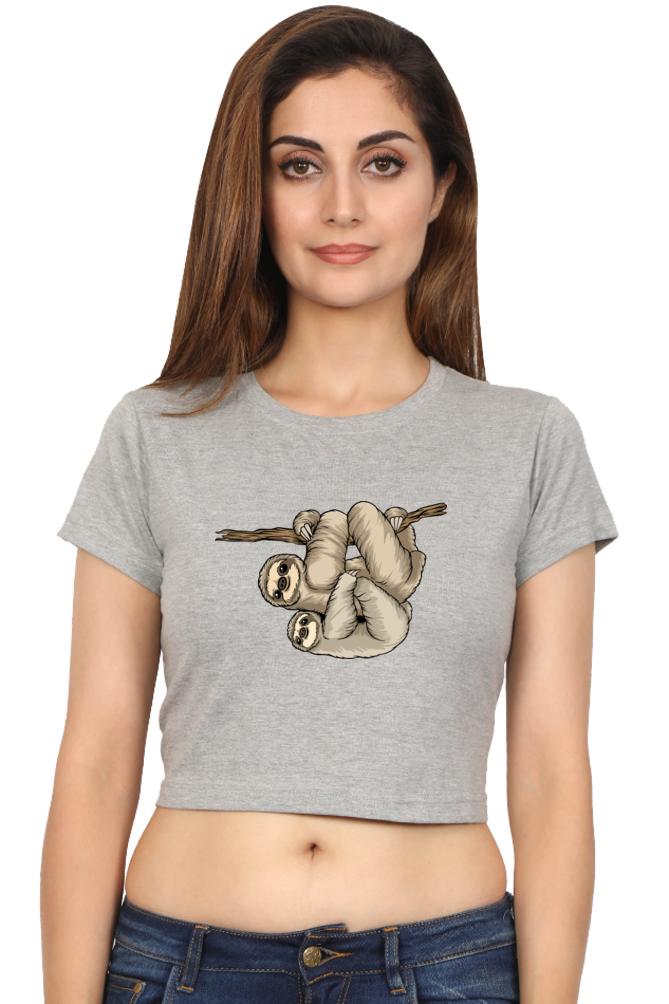 Women Sloth Crop Top - back smile hug