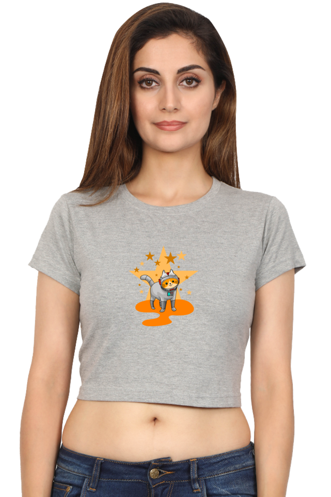 Women Animal's & Monster's  Crop Top -  stars & cat