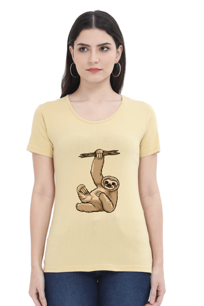 Women’s Round Neck Printed Sloth T-Shirts -  lazy baby sloth