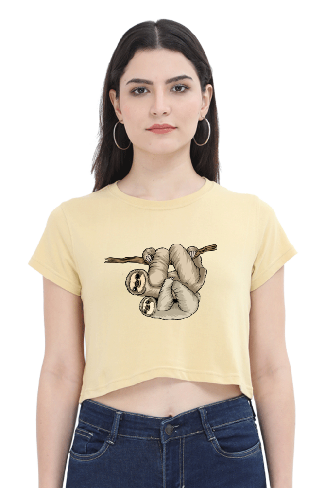 Women Sloth Crop Top - back smile hug