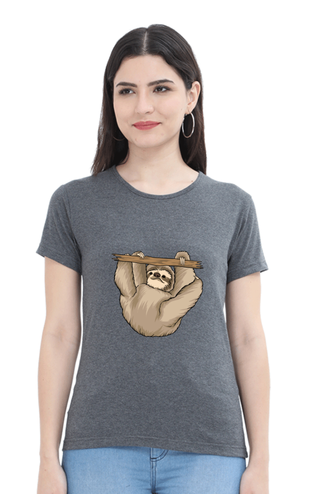 Women’s Round Neck Printed Sloth T-Shirts -  baby sloth playing