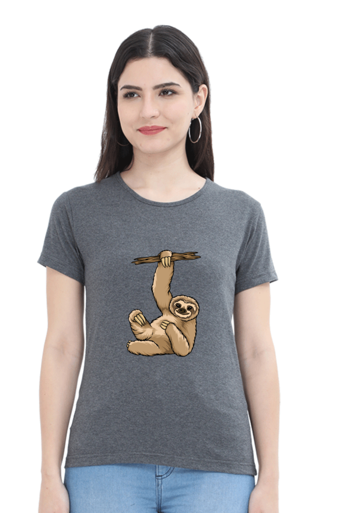 Women’s Round Neck Printed Sloth T-Shirts -  lazy baby sloth