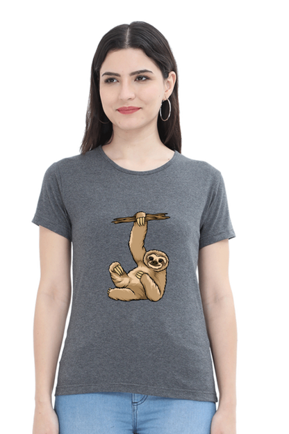 Women’s Round Neck Printed Sloth T-Shirts -  lazy baby sloth