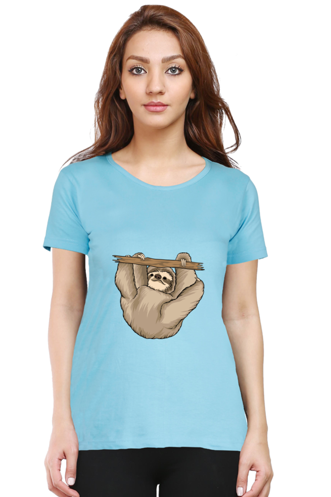 Women’s Round Neck Printed Sloth T-Shirts -  baby sloth playing