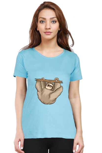 Women’s Round Neck Printed Sloth T-Shirts -  baby sloth playing