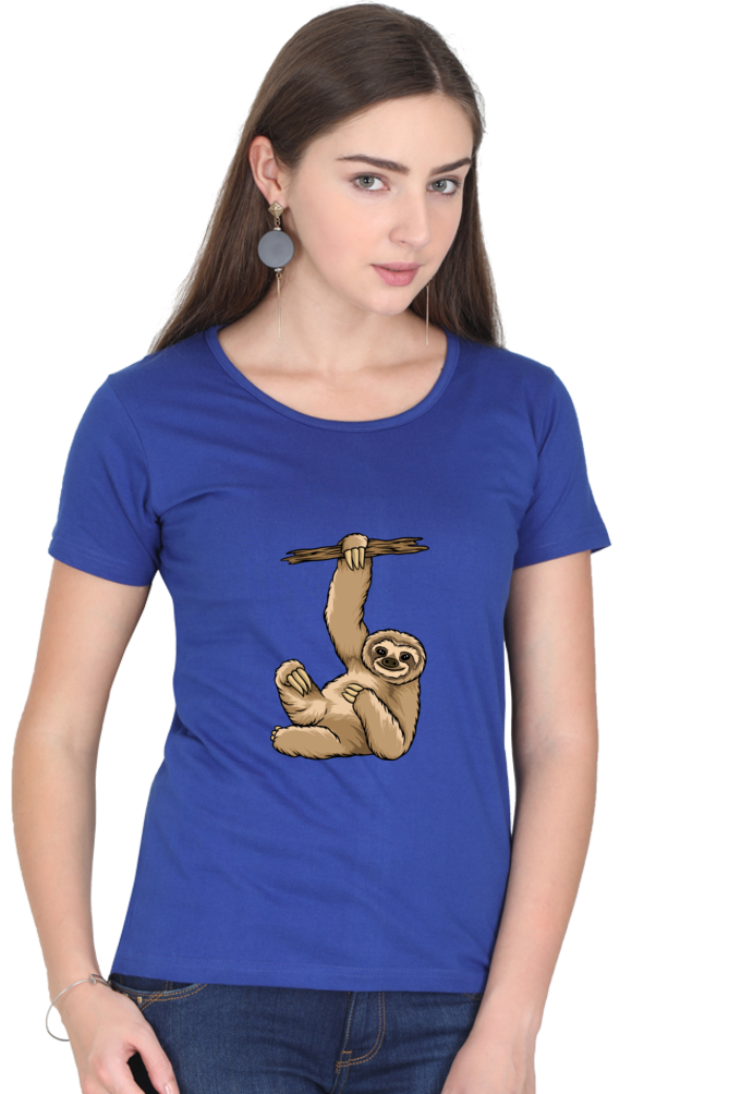 Women’s Round Neck Printed Sloth T-Shirts -  lazy baby sloth