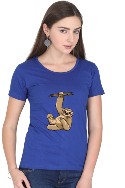 Women’s Round Neck Printed Sloth T-Shirts -  lazy baby sloth