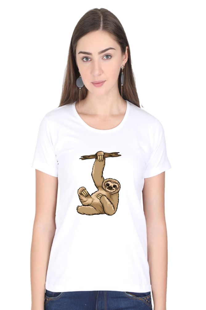 Women’s Round Neck Printed Sloth T-Shirts -  lazy baby sloth