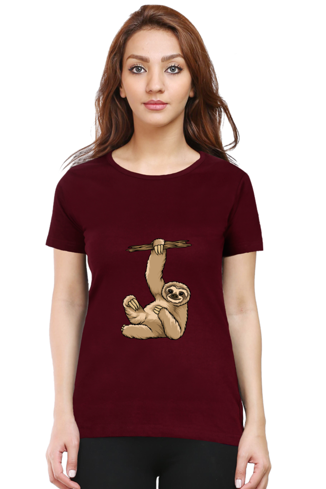 Women’s Round Neck Printed Sloth T-Shirts -  lazy baby sloth