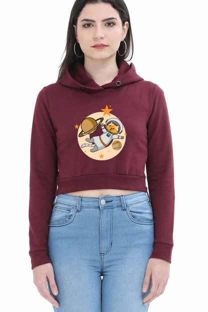 Women Animal's & Monster's Crop Hoodies - cat around space