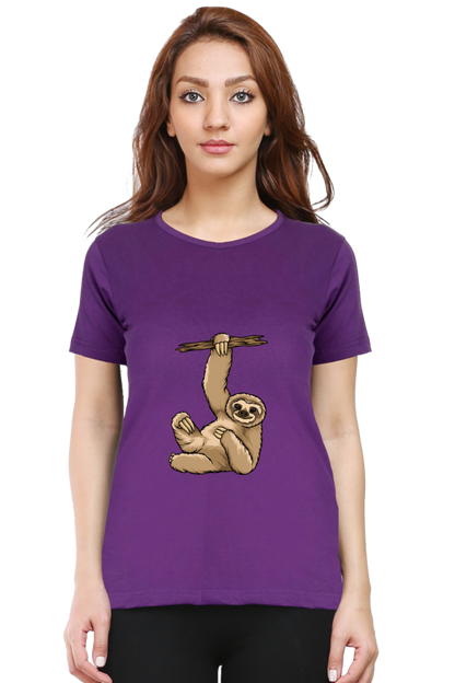 Women’s Round Neck Printed Sloth T-Shirts -  lazy baby sloth