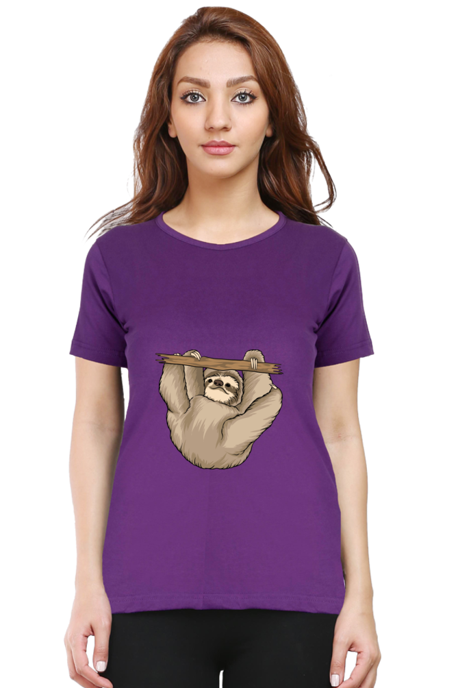 Women’s Round Neck Printed Sloth T-Shirts -  baby sloth playing