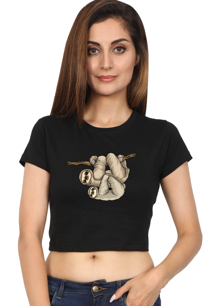 Women Sloth Crop Top - back smile hug