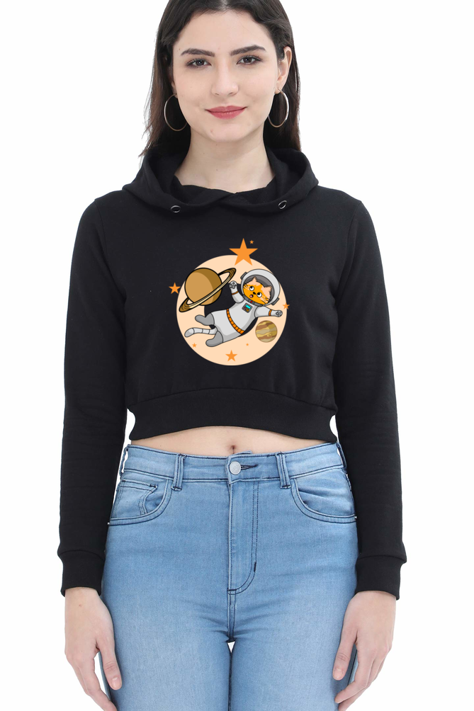 Women Animal's & Monster's Crop Hoodies - cat around space