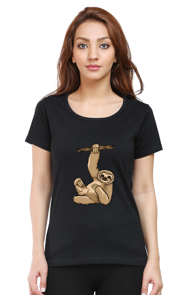 Women’s Round Neck Printed Sloth T-Shirts -  lazy baby sloth