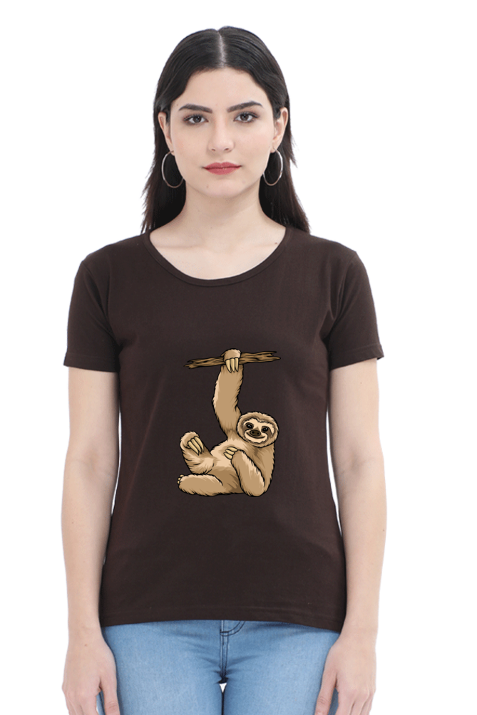 Women’s Round Neck Printed Sloth T-Shirts -  lazy baby sloth