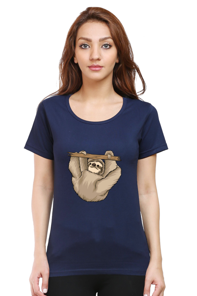 Women’s Round Neck Printed Sloth T-Shirts -  baby sloth playing