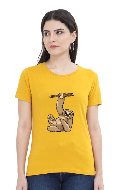 Women’s Round Neck Printed Sloth T-Shirts -  lazy baby sloth