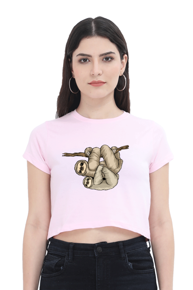 Women Sloth Crop Top - back smile hug