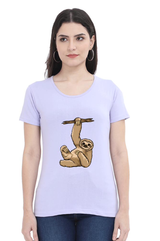 Women’s Round Neck Printed Sloth T-Shirts -  lazy baby sloth