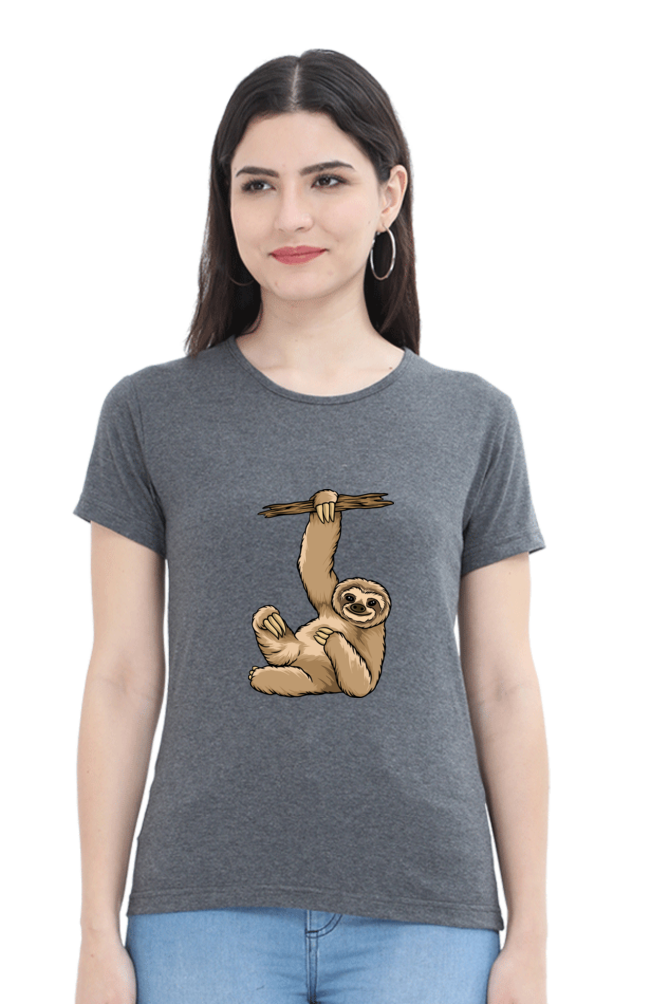 Women’s Round Neck Printed Sloth T-Shirts -  lazy baby sloth